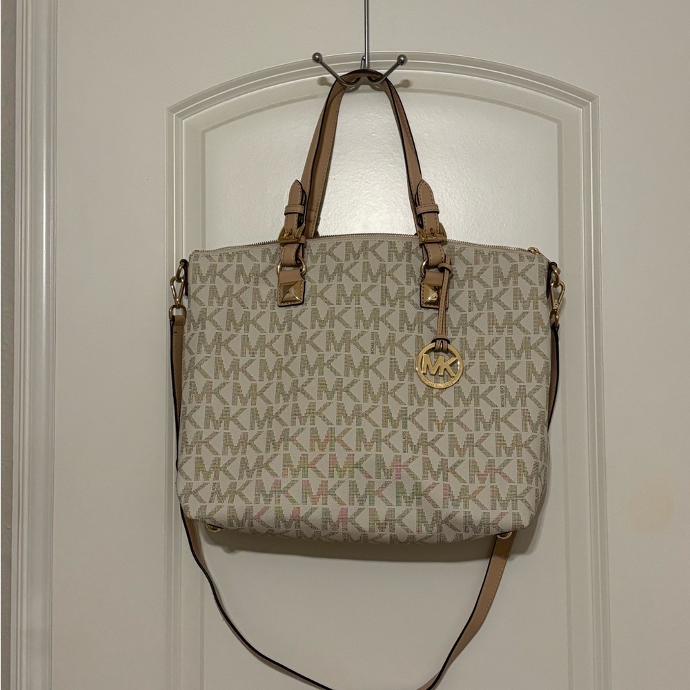 Michael Kors Monogram Cream and Tan Tote